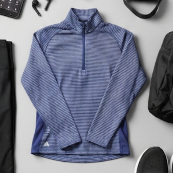 adidas Tops - Adidas Striped 1/4 Zip Performance Pullover | Navy & Blue | Medium